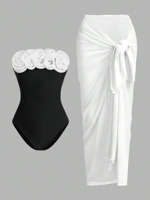 Swim Oasis Romantic 3D Flower Print Halter One-Piece Swimsuit
