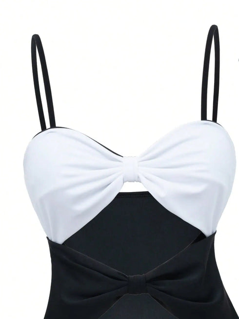 SHEIN Swim 2pcs Set Colorblock Bow Decor One Piece Swimsuit