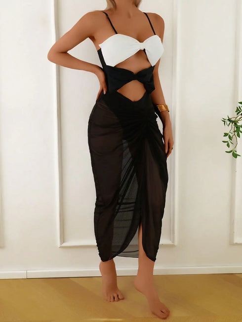 SHEIN Swim 2pcs Set Colorblock Bow Decor One Piece Swimsuit
