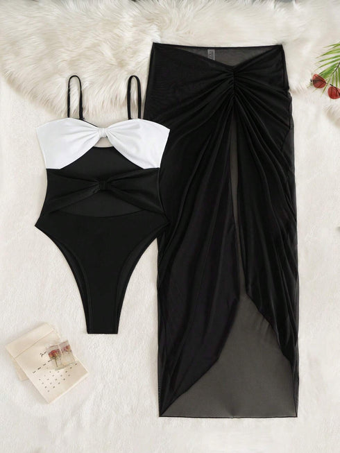 SHEIN Swim 2pcs Set Colorblock Bow Decor One Piece Swimsuit