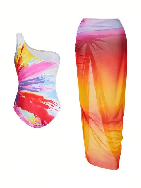 SHEIN Summer Vacation Beach Neon Printed One-Piece Swimsuit