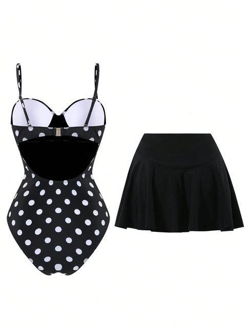 SHEIN Swim Oasis Women's Casual Vacation Beach Party Elegant Black & White Polka Dot One-Piece Swimsuit With Black Skirt Swimsuit, New Summer Collection