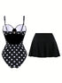 SHEIN Swim Oasis Women's Casual Vacation Beach Party Elegant Black & White Polka Dot One-Piece Swimsuit With Black Skirt Swimsuit, New Summer Collection