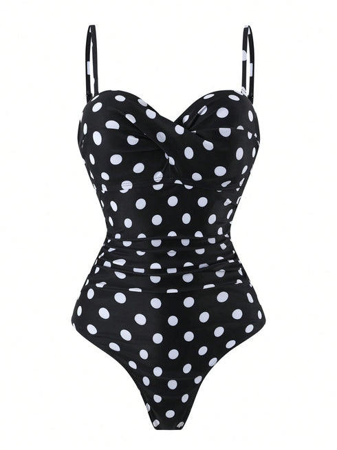 SHEIN Swim Oasis Women's Casual Vacation Beach Party Elegant Black & White Polka Dot One-Piece Swimsuit With Black Skirt Swimsuit, New Summer Collection