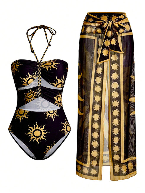 SHEIN Sun Graphic 3-Layer Drawstring Mesh Coverup Swimsuit