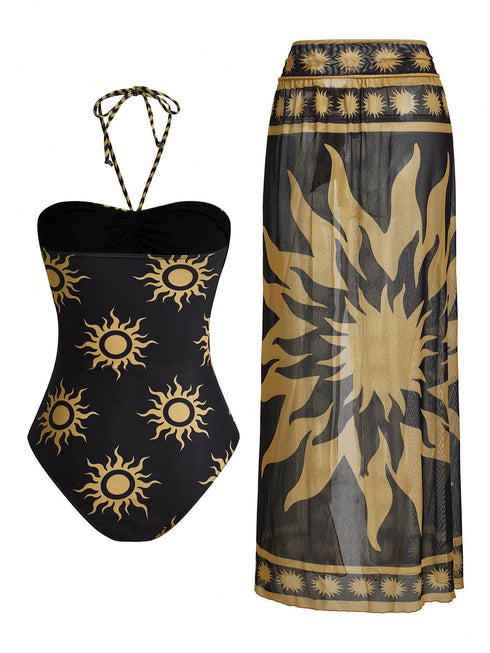 SHEIN Sun Graphic 3-Layer Drawstring Mesh Coverup Swimsuit