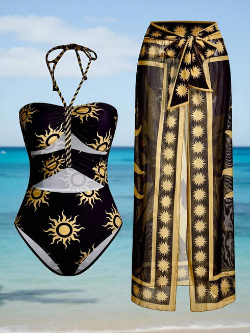 SHEIN Sun Graphic 3-Layer Drawstring Mesh Coverup Swimsuit