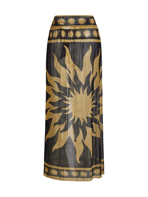SHEIN Sun Graphic 3-Layer Drawstring Mesh Coverup Swimsuit