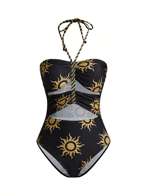 SHEIN Sun Graphic 3-Layer Drawstring Mesh Coverup Swimsuit