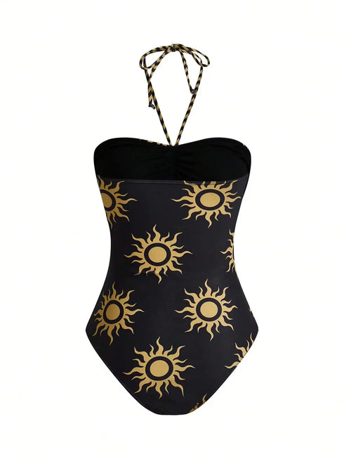 SHEIN Sun Graphic 3-Layer Drawstring Mesh Coverup Swimsuit