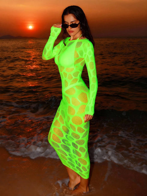 فستان SHEIN Swim SXY الخريفي الجديد المحبوك بياقة دائرية وأكمام طويلة بقصة ضيقة، فستان شبكي ضيق بتصميم مفرغ، فستان نسائي أنيق للشاطئ والنوادي بلون أخضر نيون