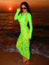 فستان SHEIN Swim SXY الخريفي الجديد المحبوك بياقة دائرية وأكمام طويلة بقصة ضيقة، فستان شبكي ضيق بتصميم مفرغ، فستان نسائي أنيق للشاطئ والنوادي بلون أخضر نيون
