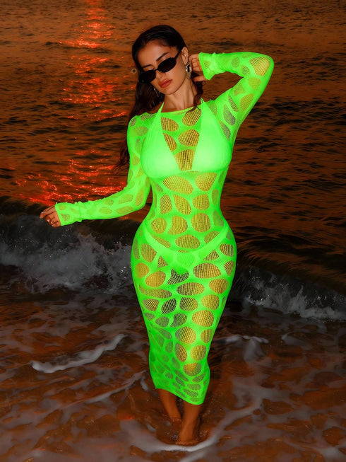 فستان SHEIN Swim SXY الخريفي الجديد المحبوك بياقة دائرية وأكمام طويلة بقصة ضيقة، فستان شبكي ضيق بتصميم مفرغ، فستان نسائي أنيق للشاطئ والنوادي بلون أخضر نيون