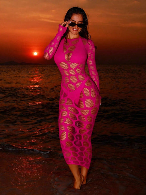 SHEIN Swim SXY Spring/Summer New Knitted Round Neck Long Sleeve Bodycon Dress, Sexy Fitted Mesh Hollow Out Dress, Elegant Women Dress