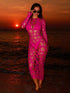 SHEIN Swim SXY Spring/Summer New Knitted Round Neck Long Sleeve Bodycon Dress, Sexy Fitted Mesh Hollow Out Dress, Elegant Women Dress