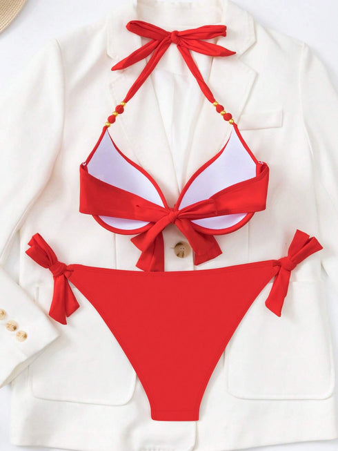 SHEIN Swim Vcay طقم بيكيني من قطعتين بطبعة زهور مبطن برباط حول الرقبة للصيف