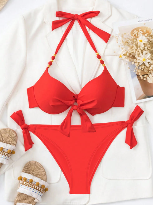 SHEIN Swim Vcay طقم بيكيني من قطعتين بطبعة زهور مبطن برباط حول الرقبة للصيف