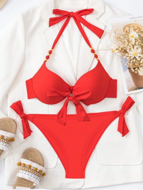 SHEIN Swim Vcay طقم بيكيني من قطعتين بطبعة زهور مبطن برباط حول الرقبة للصيف
