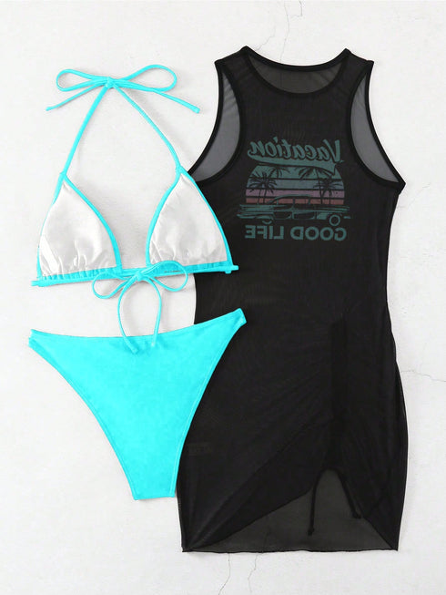 SHEIN Swim Vcay Springbreak Women's Solid Color Tie Neck Sexy Bikini Set With Letter Print Sheer Cover Up Dress For Beach For Summer Beach Vacation