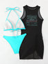 SHEIN Swim Vcay Springbreak Women's Solid Color Tie Neck Sexy Bikini Set With Letter Print Sheer Cover Up Dress For Beach For Summer Beach Vacation
