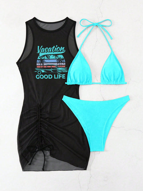 SHEIN Swim Vcay Springbreak Women's Solid Color Tie Neck Sexy Bikini Set With Letter Print Sheer Cover Up Dress For Beach For Summer Beach Vacation