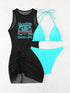 SHEIN Swim Vcay Springbreak Women's Solid Color Tie Neck Sexy Bikini Set With Letter Print Sheer Cover Up Dress For Beach For Summer Beach Vacation