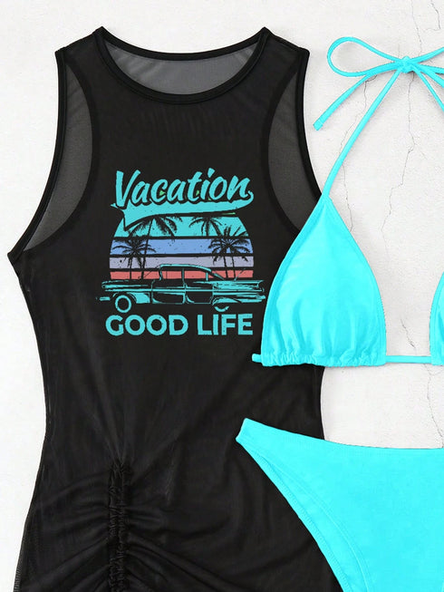 SHEIN Swim Vcay Springbreak Women's Solid Color Tie Neck Sexy Bikini Set With Letter Print Sheer Cover Up Dress For Beach For Summer Beach Vacation