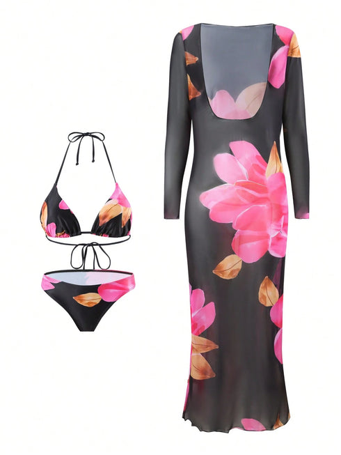 SHEIN Swim Vcay Women 3pcs/Set New Printed Halter Bikini Swimsuit, Sexy & Protective For Summer Beach Vacation