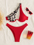 طقم بيكيني نسائي من SHEIN Swim Vcay بطبعة فهد قوس قزح، لون أحمر ومضلع، صدرية سفلية بأسلاك داخلية وكتف واحد، جزء سفلي بقصة عالية ومثير، للصيف، كاجوال، الشاطئ، العطلة، الإجازة