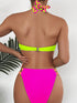 SHEIN Swim Vcay طقم بيكيني نسائي صيفي للشاطئ مثير بحمالة عنق ورباط بنمط كتل الألوان، مطبوع
