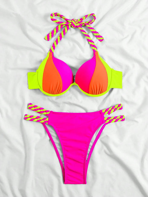 SHEIN Swim Vcay طقم بيكيني نسائي صيفي للشاطئ مثير بحمالة عنق ورباط بنمط كتل الألوان، مطبوع