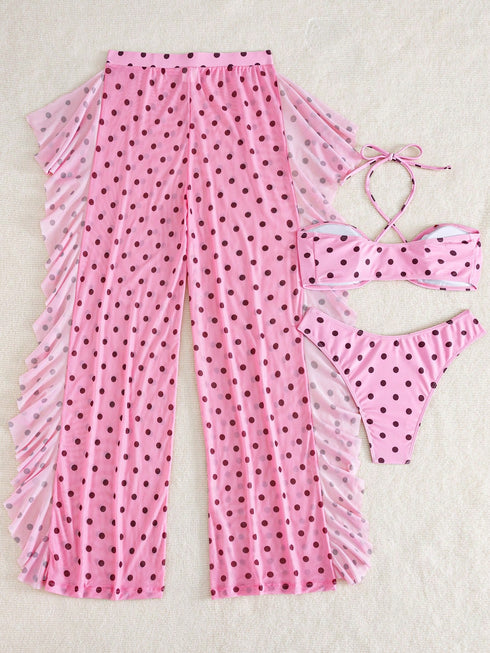 SHEIN Swim Vcay Women's Summer Beach Polka Dot Print Halter Neck Tie Sexy Fashion Bikini Two-Piece Swimsuit Set With Cover-Up Pants, Non-Wired
