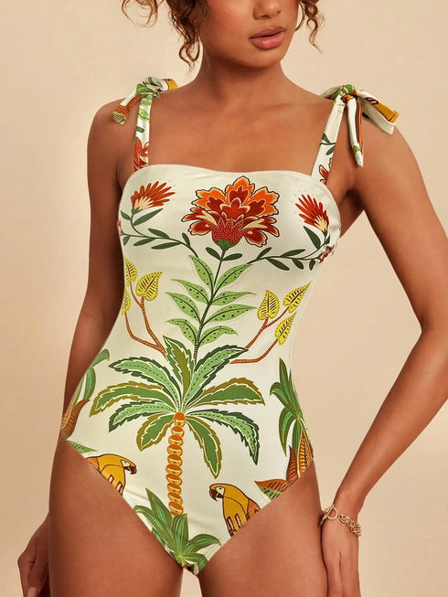 SHEIN Travachic Women's Tropical Print Halter One-Piece Swimsuit