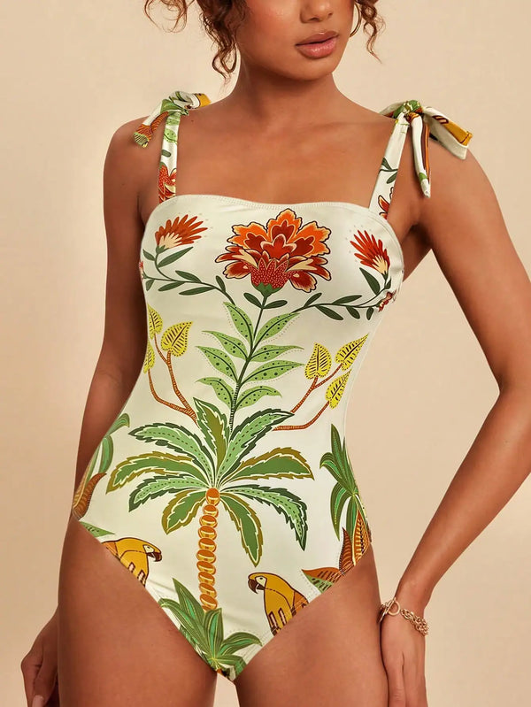 SHEIN Travachic Women's Tropical Print Halter One-Piece Swimsuit