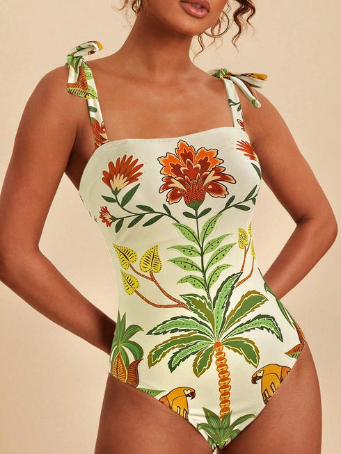 SHEIN Travachic Women's Tropical Print Halter One-Piece Swimsuit