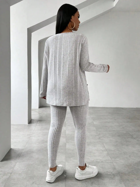 VaVaBold V-Neck Drop Shoulder Ribbed Knit Top And Leggings