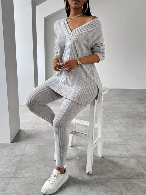 SHEIN VaVaBold V-Neck Drop Shoulder Ribbed Knit Top And Leggings