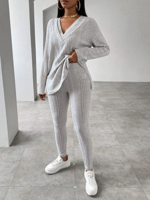 SHEIN VaVaBold V-Neck Drop Shoulder Ribbed Knit Top And Leggings