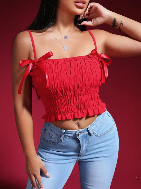 SHEIN VaVaBold Valentine's Day Red Lace-Up Hem Cami Top