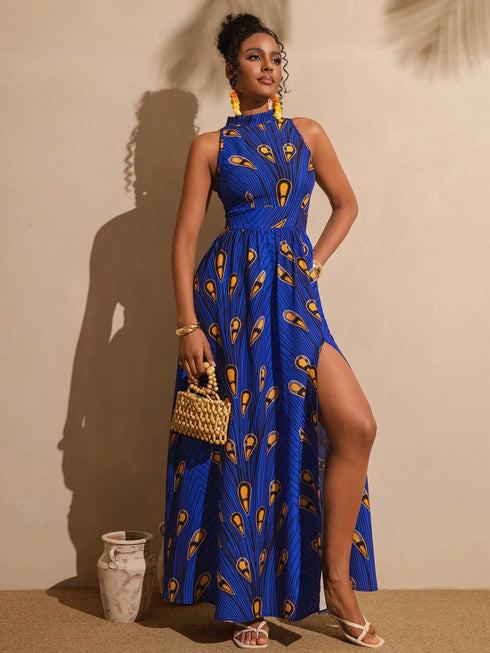 SHEIN Vesra Women's Elegant All Over Print Halter Neck Split Hem Casual Mini Dress For Summer Commuting