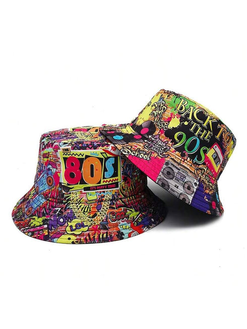 قبعة دلو قابلة للعكس بطبعة عتيقة من SHEIN (أحمر من الثمانينيات)