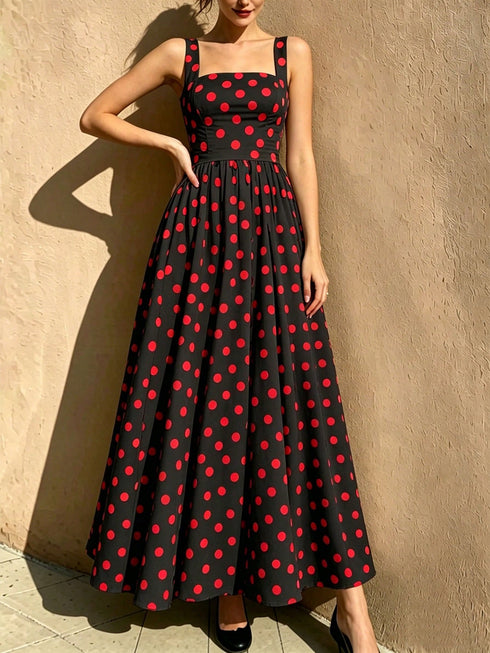SHEIN Vintage Romantic French Style High-Waisted Polka Dot Strap Dress, Elegant High-Waisted Versatile Long Dress, Retro Casual Zipper Beach Vacation Summer
