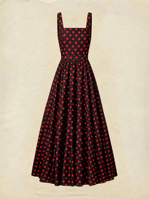 SHEIN Vintage Romantic French Style High-Waisted Polka Dot Strap Dress, Elegant High-Waisted Versatile Long Dress, Retro Casual Zipper Beach Vacation Summer