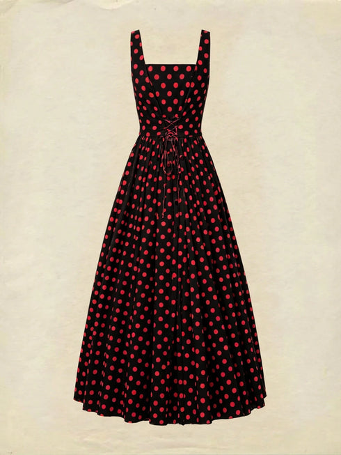 SHEIN Vintage Romantic French Style High-Waisted Polka Dot Strap Dress, Elegant High-Waisted Versatile Long Dress, Retro Casual Zipper Beach Vacation Summer