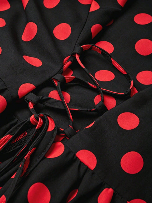 SHEIN Vintage Romantic French Style High-Waisted Polka Dot Strap Dress, Elegant High-Waisted Versatile Long Dress, Retro Casual Zipper Beach Vacation Summer