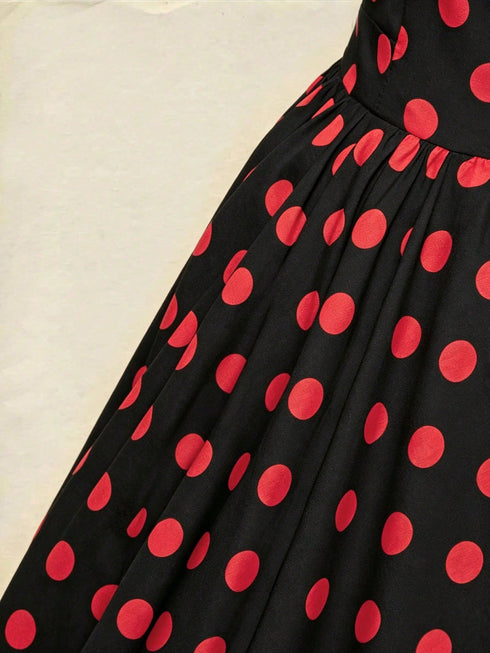 SHEIN Vintage Romantic French Style High-Waisted Polka Dot Strap Dress, Elegant High-Waisted Versatile Long Dress, Retro Casual Zipper Beach Vacation Summer