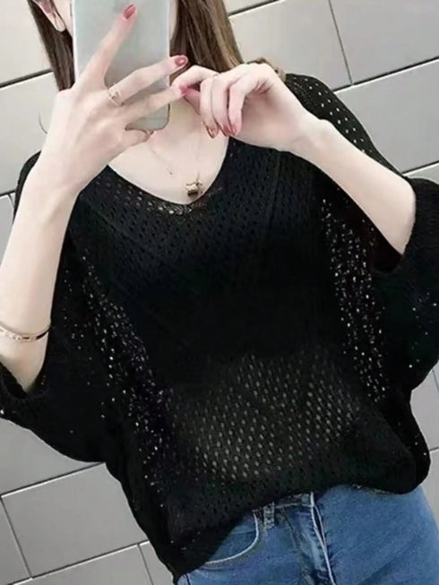 SHEIN Women Loose V-Neck Hollow Knit Shrug Cover Up