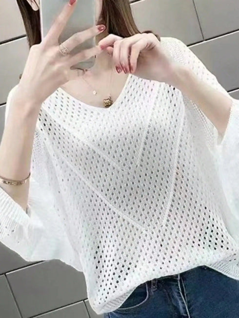 SHEIN Women Loose V-Neck Hollow Knit Shrug Cover Up