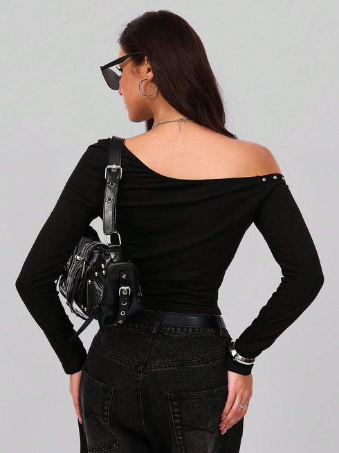 SHEIN Women's Asymmetric Punk Sexy One Shoulder Exposed Shoulder Top