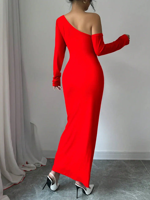 Women's Oblique Shoulder Splice Floral Waist Pleated Slim Fit Long Sleeve Elegant Dress